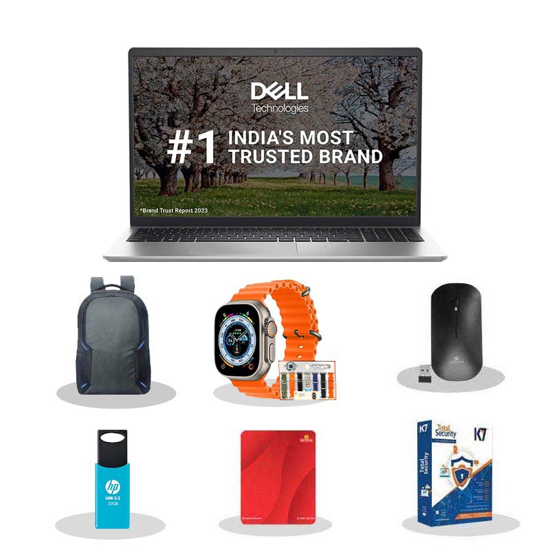 Picture of Dell Inspiron 3530 - 13th Gen Intel Core i3-1305U 15.6" (39.62cm) Thin & Light Laptop (8GB/ 512GB SSD/ Full HD Display/ Windows 11 Home/ MS Office/ 1 Year Warranty/ Platinum Silver/ 1.62kg) with Smart Watch (7-in-1 Strap) + Laptop Bag + Wireless Mouse + Mouse Pad + Pendrive + K7 Antivirus Single User